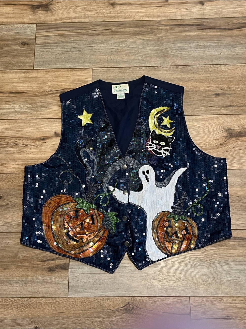 The Quacker Factory Halloween Sequin Ghost Pumpkin Cat Vest Women’s 1X Vintage